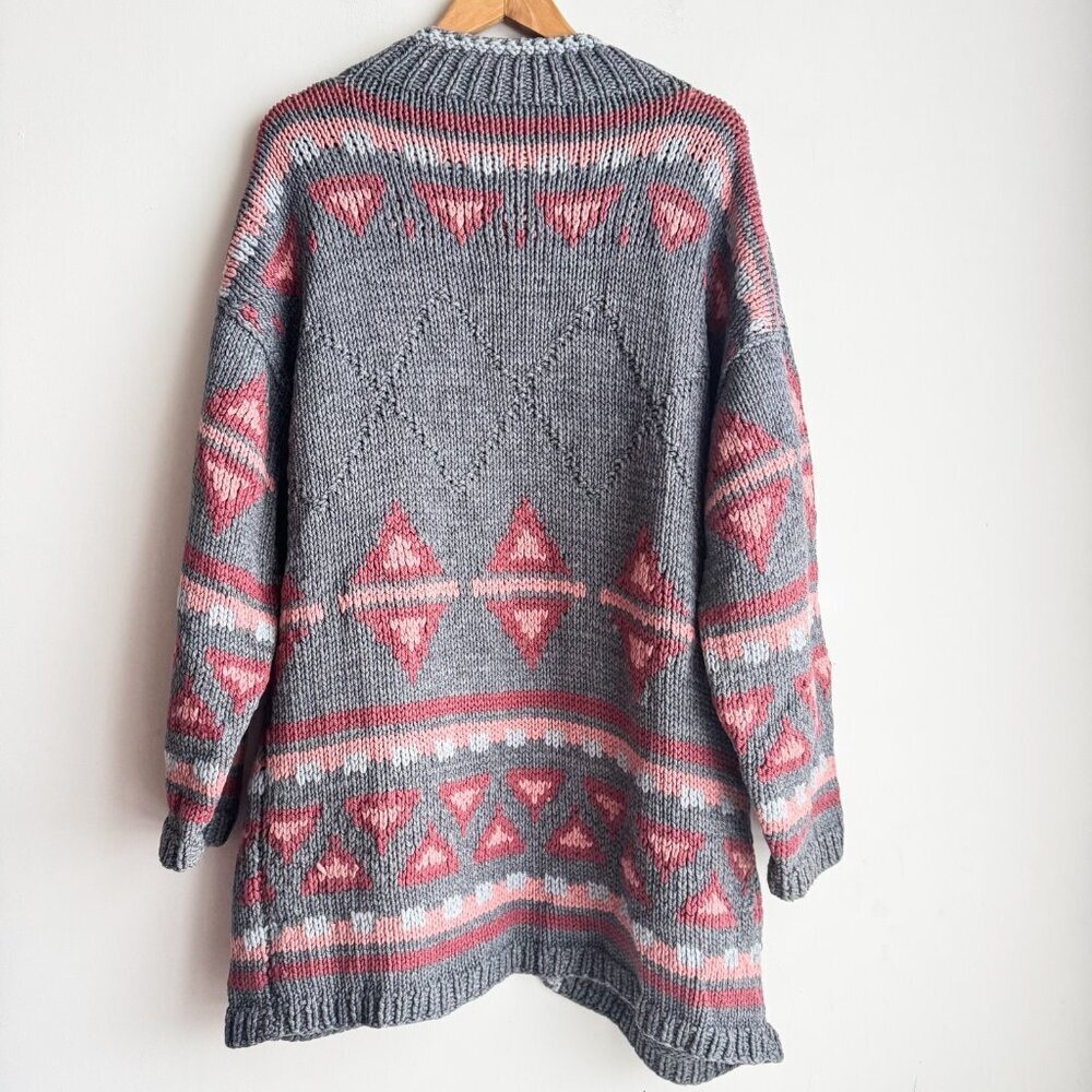 Vintage Handmade Grey Pink Southwestern Print Open Front Cardigan L